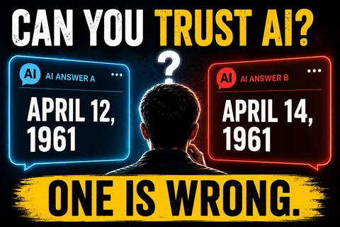 Title "Can You Trust AI?" above two simulated AI chat answers showing different dates (April 12 and April 14, 1961) and the caption "One Is Wrong."