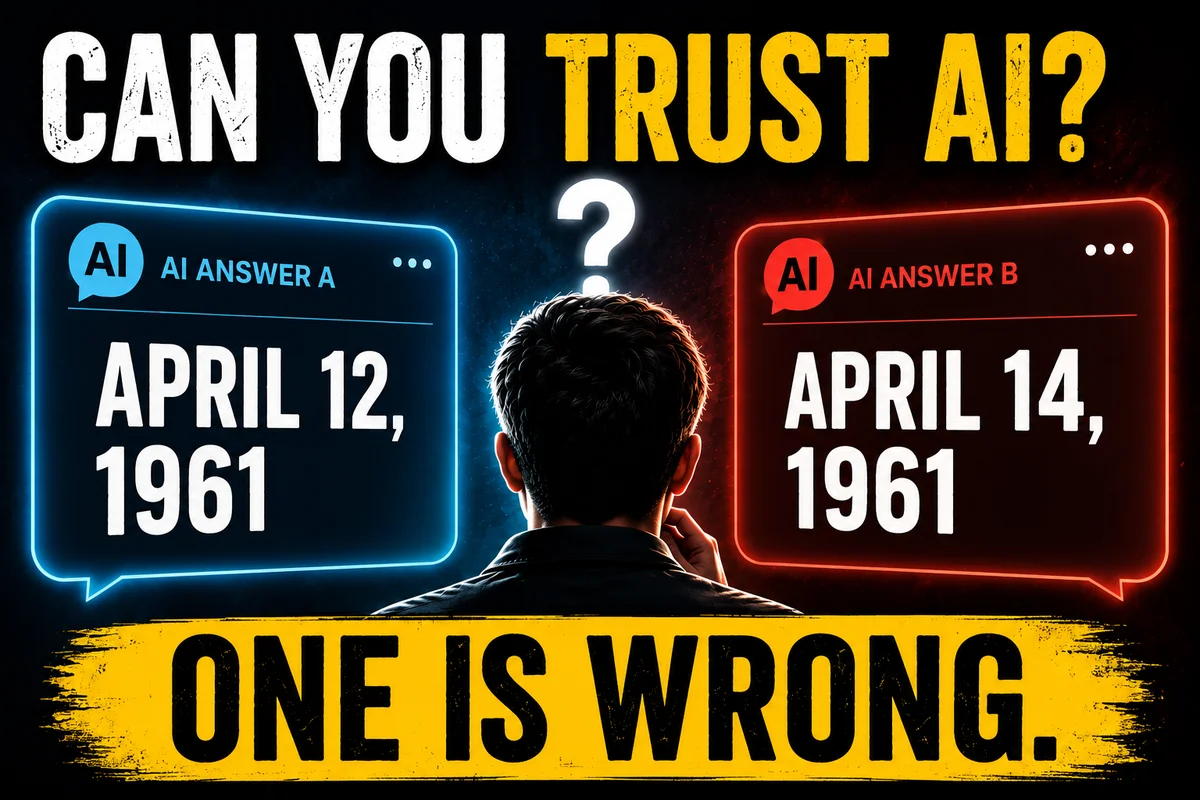 Title "Can You Trust AI?" above two simulated AI chat answers showing different dates (April 12 and April 14, 1961) and the caption "One Is Wrong."