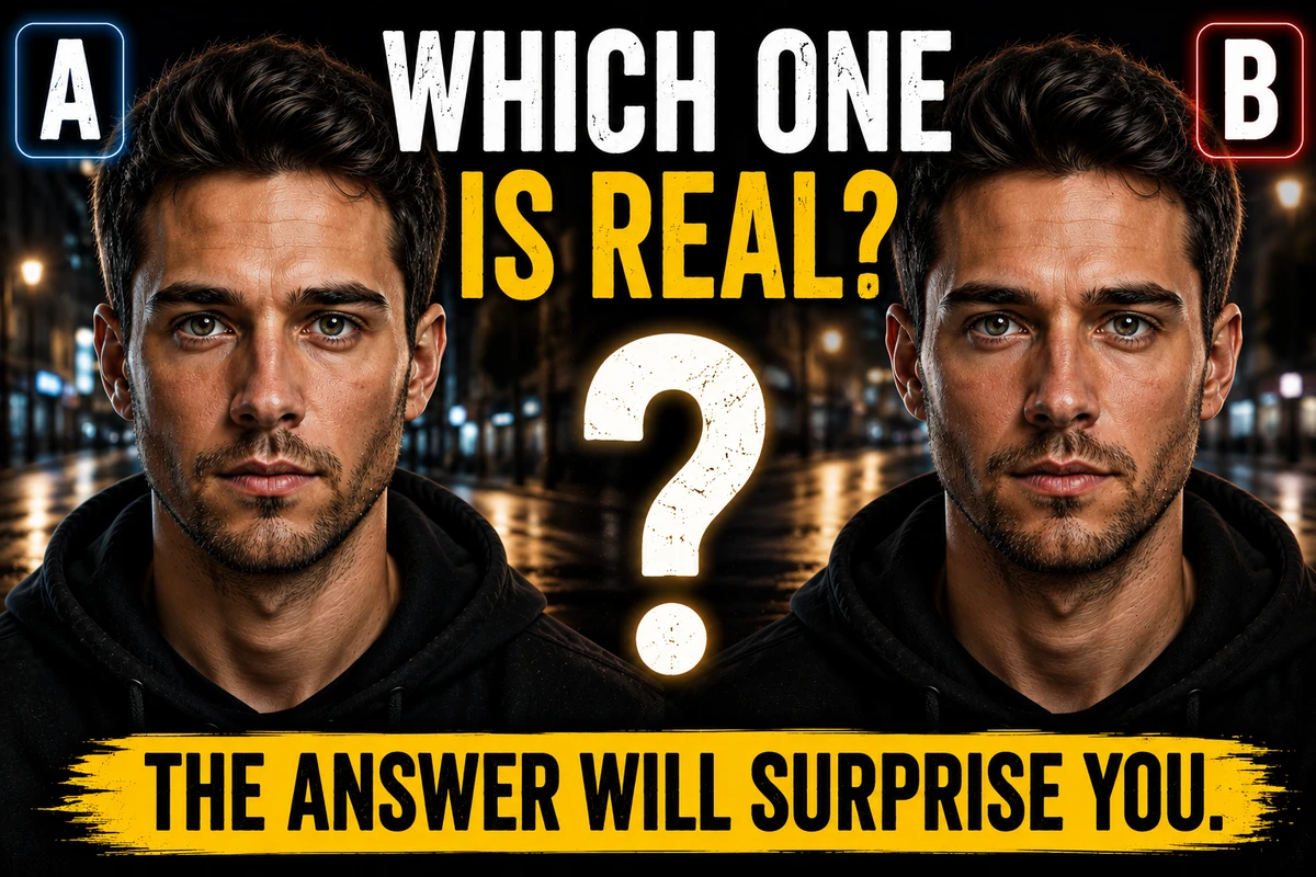 Split image labeled "A" and "B" showing two nearly identical portraits of the same man on a night street, above the text "Which One Is Real?" and the caption "The Answer Will Surprise You."