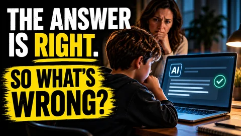 Text “The Answer Is Right. So What's Wrong?” beside a worried mother looking over her son's shoulder at a laptop screen showing an AI icon with a green checkmark.