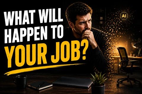 The caption “WHAT WILL HAPPEN TO YOUR JOB?” beside a worried man resting his chin on his hands at a desk, with an empty office chair dissolving into golden AI-circuit particles behind him; a laptop, notebook, coffee mug and small plant sit on the desk.