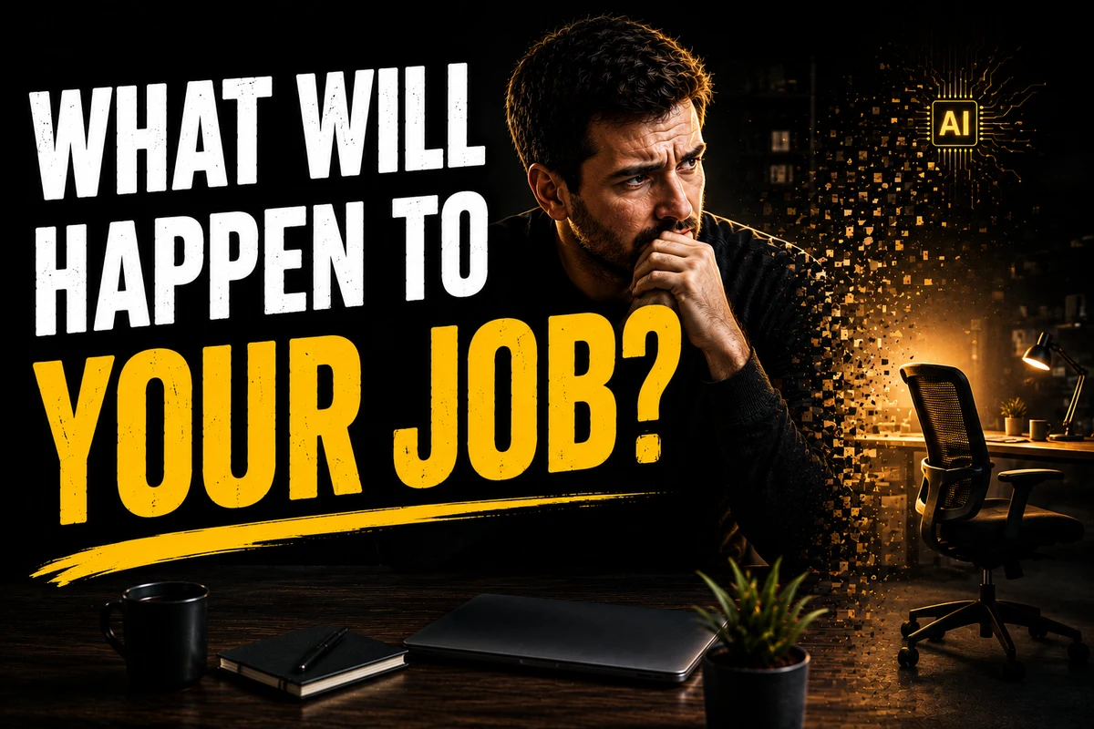 The caption “WHAT WILL HAPPEN TO YOUR JOB?” beside a worried man resting his chin on his hands at a desk, with an empty office chair dissolving into golden AI-circuit particles behind him; a laptop, notebook, coffee mug and small plant sit on the desk.