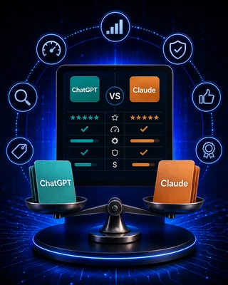 A balance scale comparing ChatGPT and Claude, with a feature comparison table in the background.