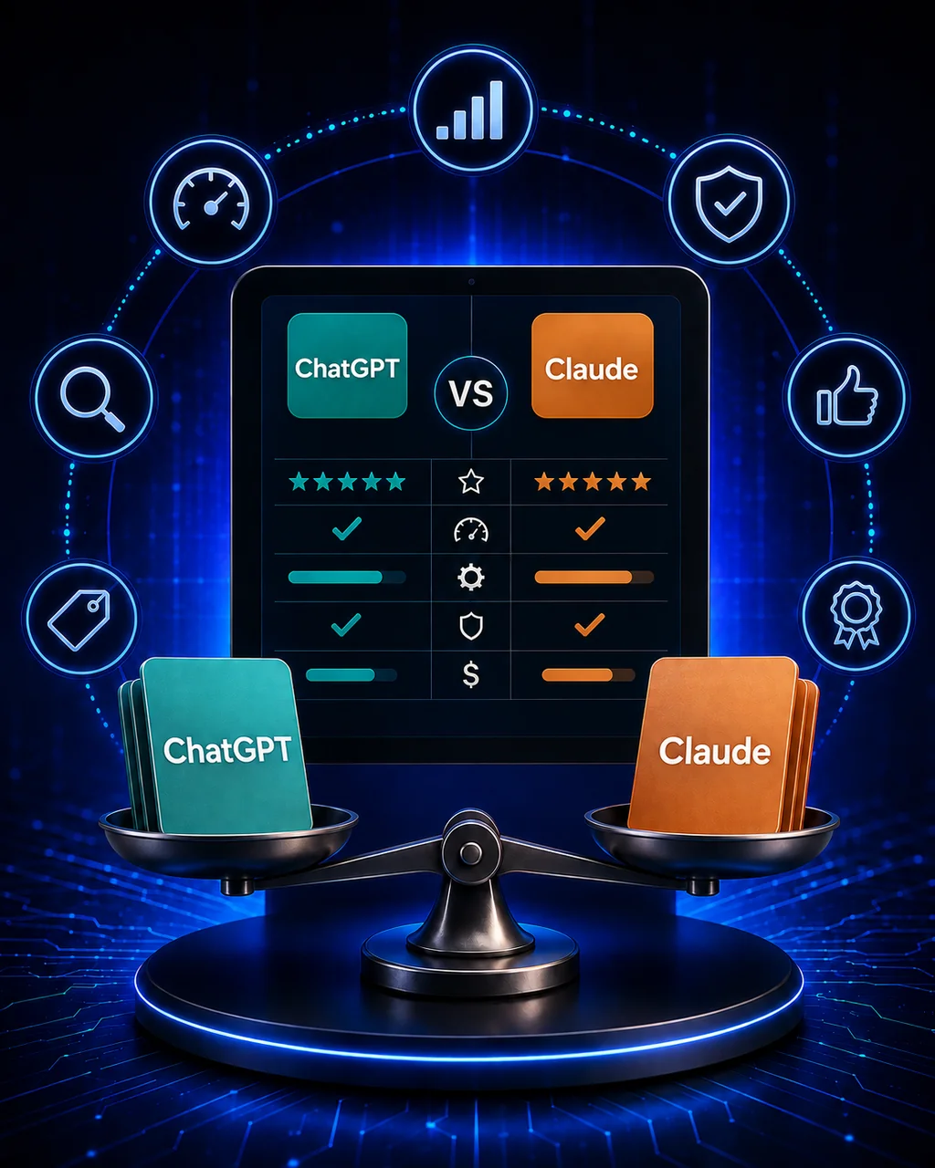 A balance scale comparing ChatGPT and Claude, with a feature comparison table in the background.