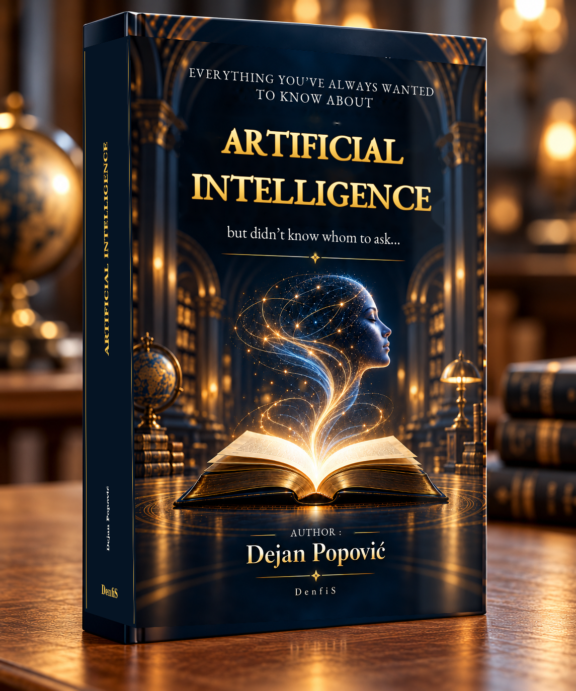 Book cover with the title “Everything you’ve always wanted to know about artificial intelligence but didn’t know whom to ask...”, author Dejan Popović, DenfiS: an open book with a luminous human profile in a library.