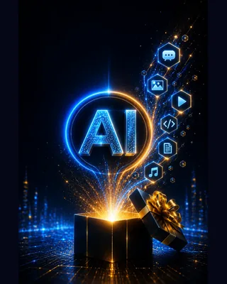 AI symbol rising from a glowing gift box with icons for chat, images, video, code, documents and audio.