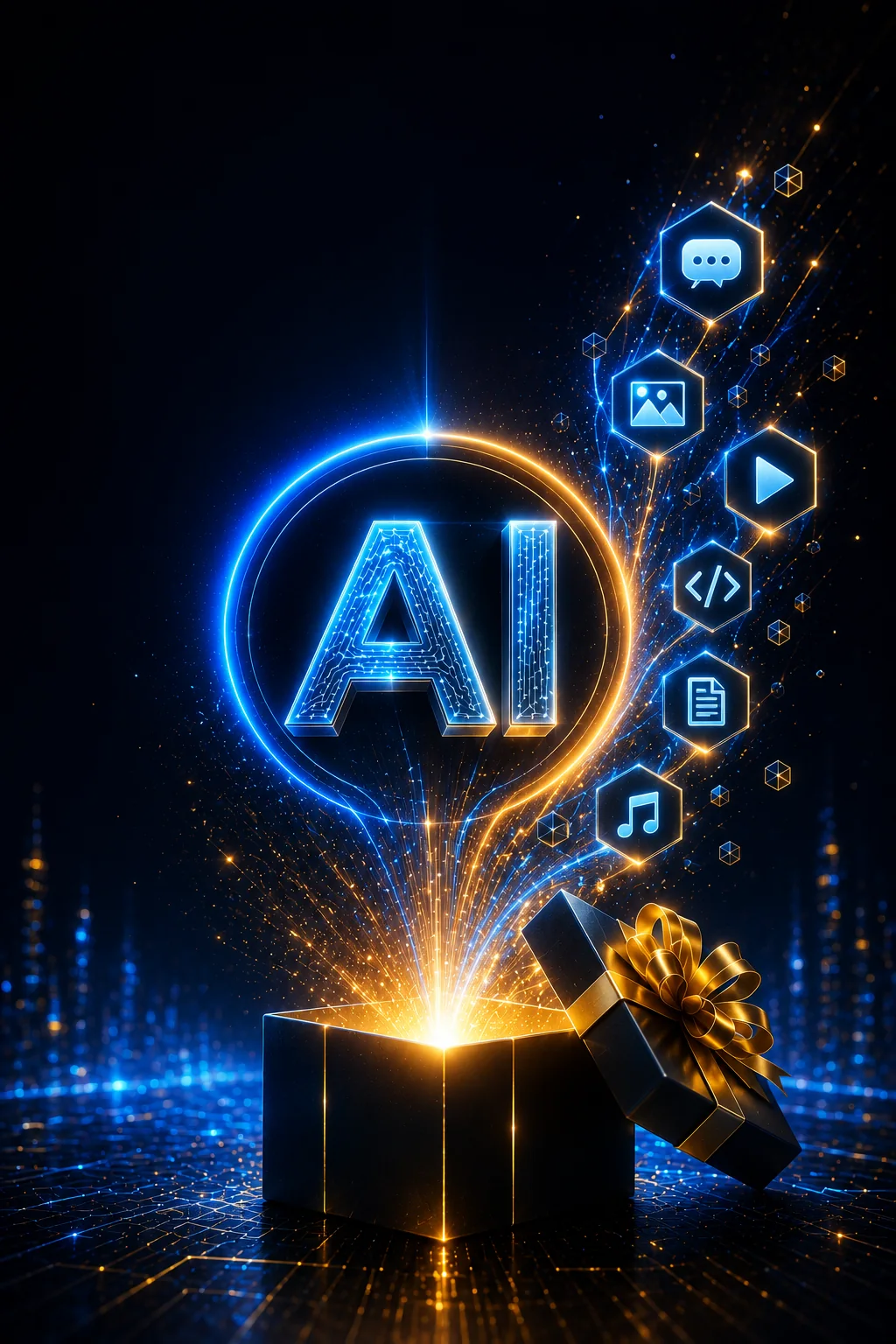 AI symbol rising from a glowing gift box with icons for chat, images, video, code, documents and audio.