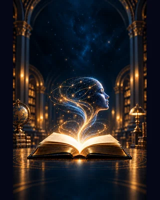 An open book with a luminous human profile formed by a network of light in a library.