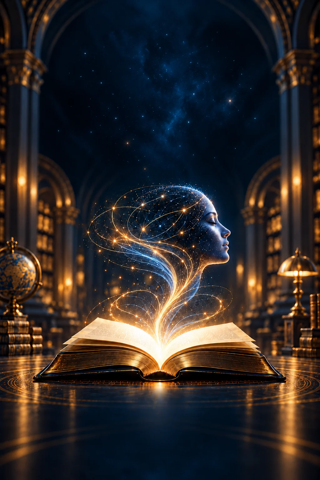 An open book with a luminous human profile formed by a network of light in a library.