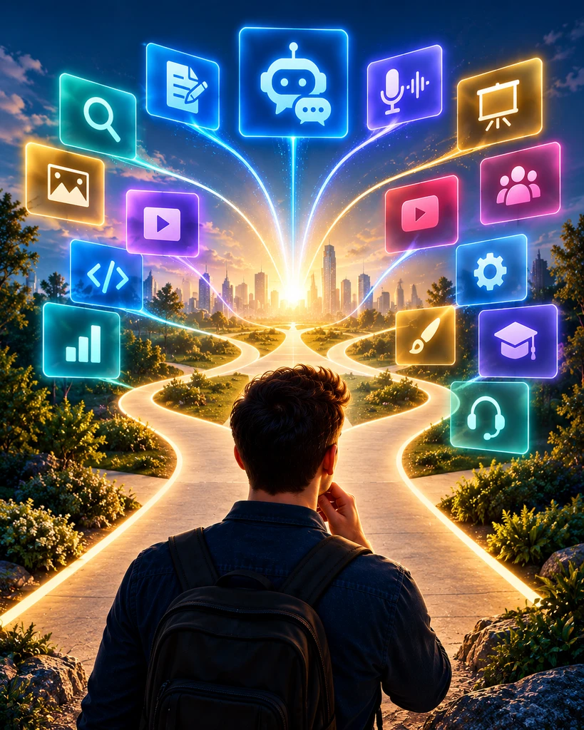 A person with a backpack looks at several glowing paths leading toward icons for search, chat, writing, images, video, code, design, presentations and other digital tasks.